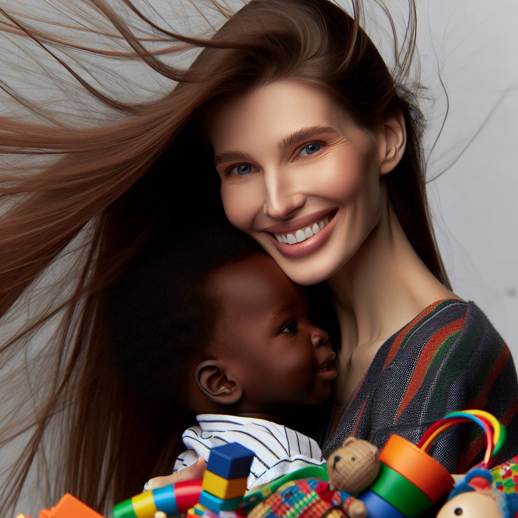 Une femme souriante tient un enfant noir dans ses bras, entourés de jouets et de livres.