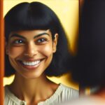 Une femme confiante admire son reflet, ses yeux pétillent de bonheur. Son visage encadré de cheveux noirs resplendit sous la lumière.