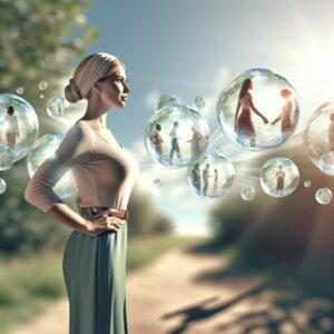 Femme sereine parmi bulles de vie, lumière naturelle.
