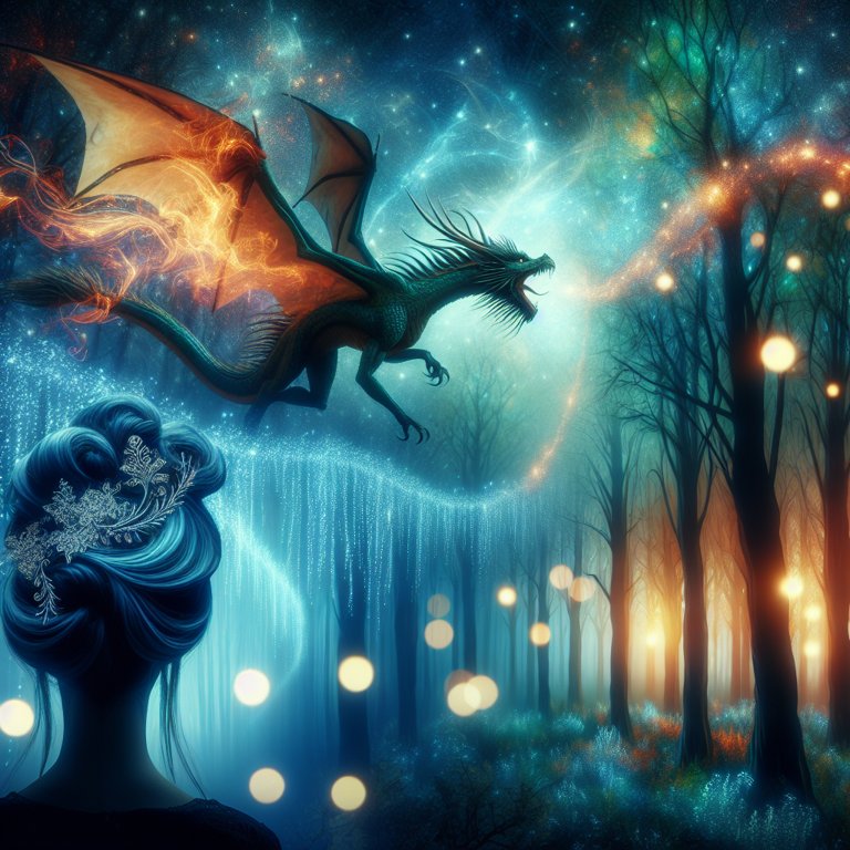 Un dragon majestueux survole une forêt enchantée, illuminée de lumières étincelantes et de couleurs vives, créant une atmosphère mystique et magique.