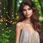 Une femme européenne, aux cheveux longs et ondulés, se tient dans une forêt enchantée, entourée de lucioles scintillantes. Son visage rayonne de beauté et de sérénité.