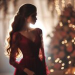 Une femme élégante dans une robe rouge se tient dans une ambiance magique, sa beauté illuminée par la douce lumière.
