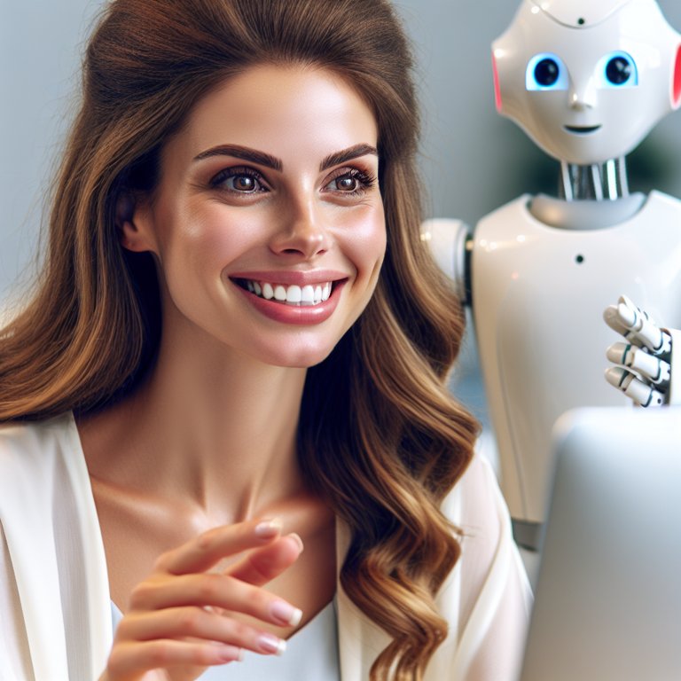 Une femme européenne apprend avec un robot intelligent devant un écran d'ordinateur.