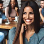 Une femme souriante observe ses amis rire et discuter au café.