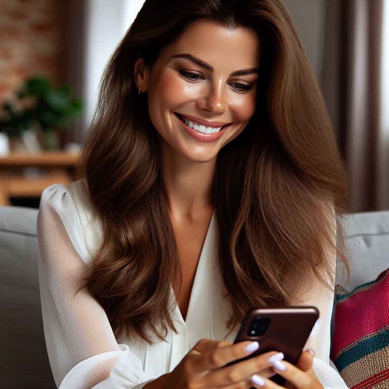 Une femme souriante, cheveux longs bruns, chemisier blanc, consulte son téléphone, confortablement installée sur un canapé coloré.