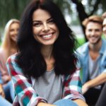 Femme européenne souriante, cheveux noirs, profite du parc avec ses amis, rayonnante de bonheur.