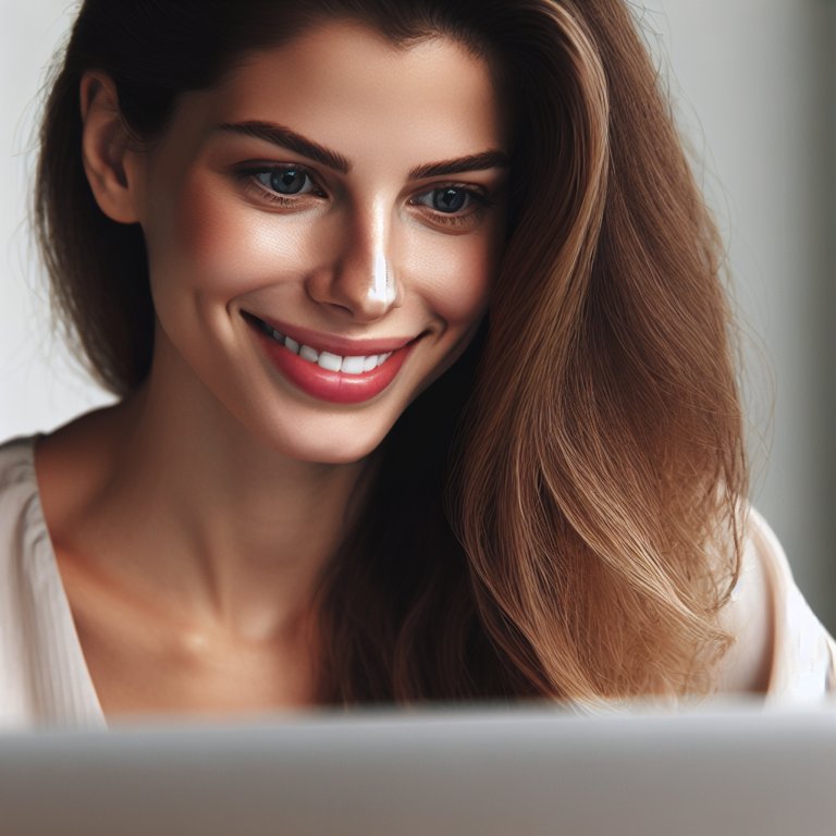 Jeune femme européenne souriante, concentrée sur son projet, les cheveux lâchés, devant son ordinateur.