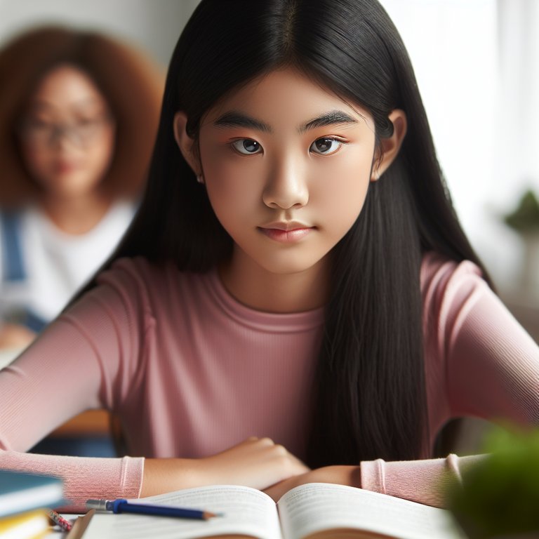 Jeune fille asiatique studieuse, entourée de livres, concentrée sur ses devoirs avec une expression déterminée.