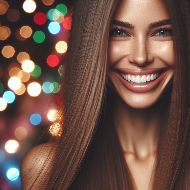 Une femme rayonnante dans un monde de lumières et de couleurs. Son sourire illumine l'image.