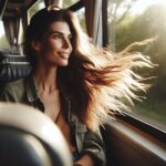 Une femme européenne rêveuse regarde par la fenêtre du bus, ses cheveux flottant dans l'air, capturant la magie de la lumière du soleil à travers les arbres.