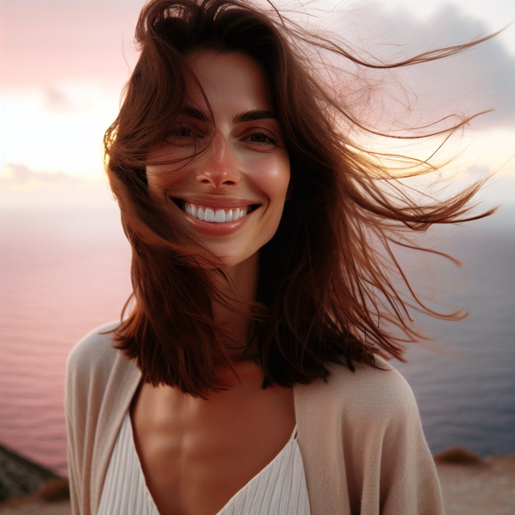 Femme souriante sur falaise, cheveux au vent, face à l'océan au coucher du soleil. Ciel rose et orange.