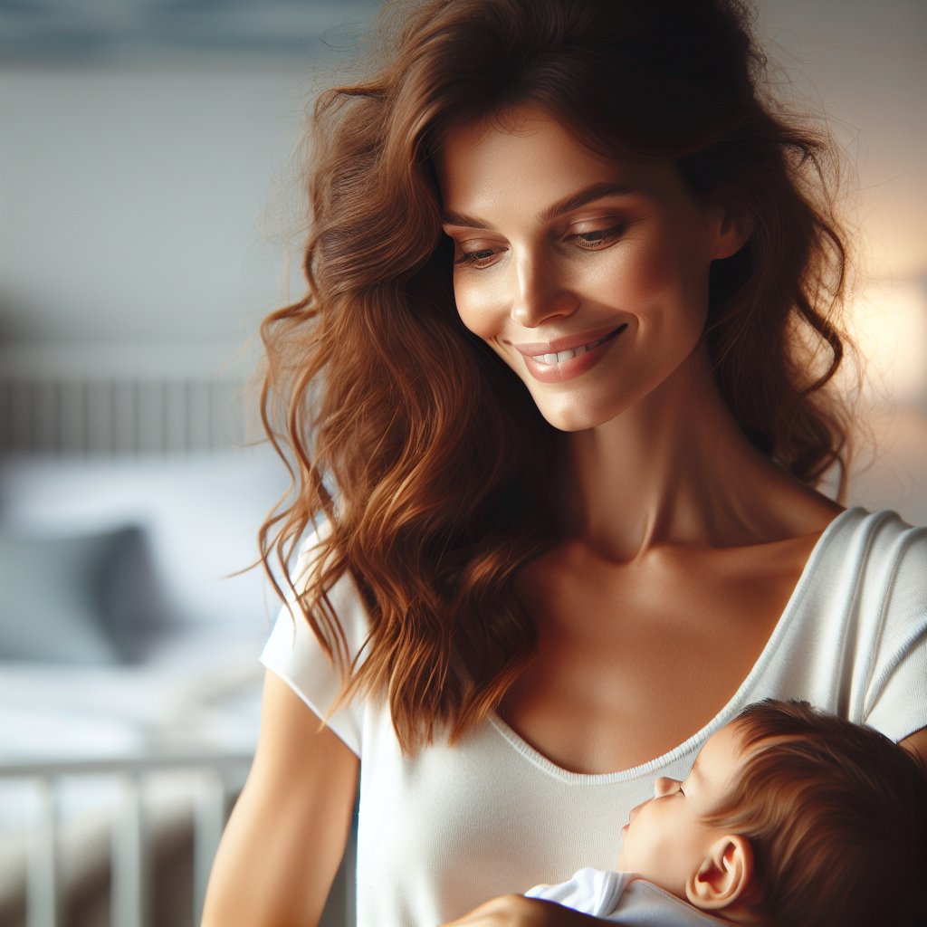 Une mère souriante berce tendrement son bébé endormi. Lumière douce et sérénité.