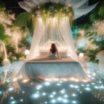 Plongez dans un monde de douceur et de magie avec ce lit féérique illuminé par des guirlandes lumineuses et entouré de plantes luxuriantes.