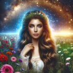 La beauté de la nature et la magie de la nuit étoilée capturées dans une image féérique d'une femme dans un champ de fleurs colorées.