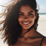 Une femme confiante marche sur la plage, souriante et déterminée.