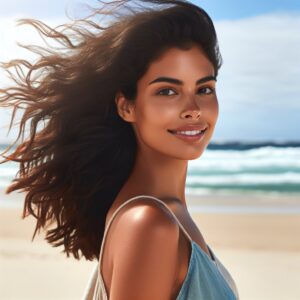 Une femme rayonnante marche sur la plage, souriante et confiante, les cheveux au vent.