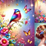 Un petit oiseau joyeux dans un jardin enchanté, entouré de fleurs et de papillons. Une scène colorée et magique.