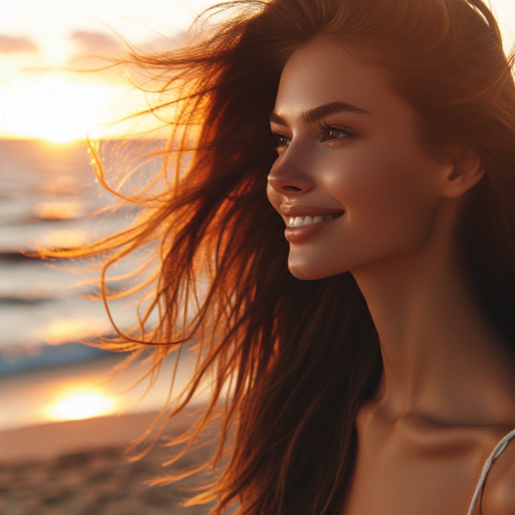 Femme souriante contemple le coucher de soleil sur une plage déserte, paisible et sereine.