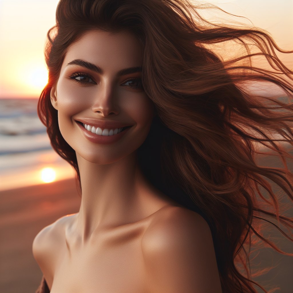 Femme souriante contemple le coucher de soleil sur une plage déserte.