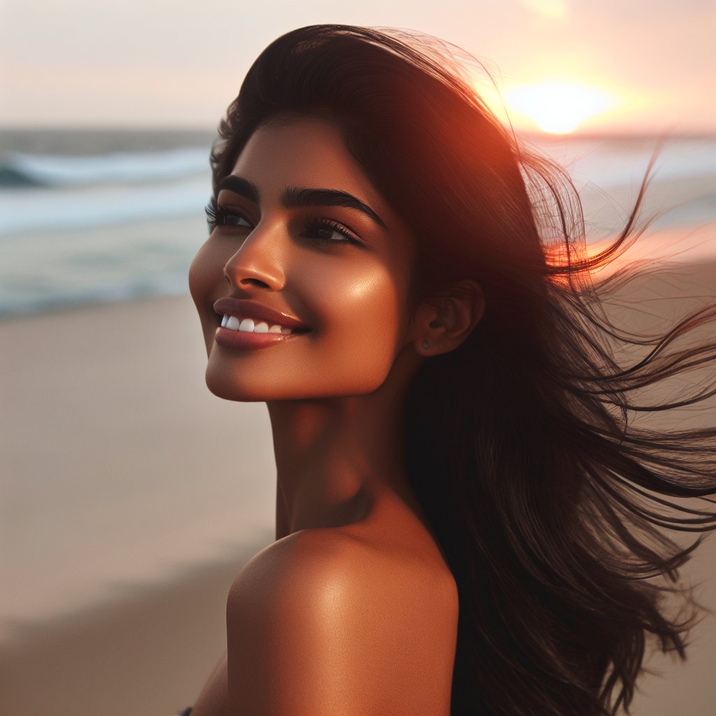 Une femme paisible contemple le coucher de soleil sur une plage déserte, ses cheveux flottant dans le vent.