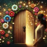 Porte magique vers un monde enchanté, illuminée par des lucioles scintillantes et ornée de fleurs colorées. Ambiance féérique et mystérieuse.