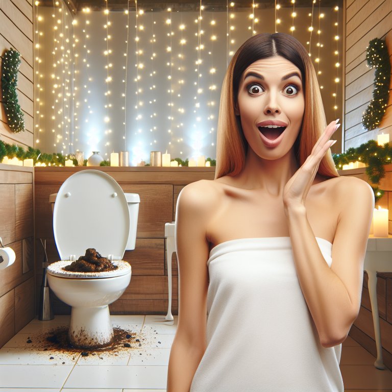 Une salle de bain élégante et lumineuse, gâchée par des toilettes débordant, mais une femme curieuse apporte une touche de positivité.