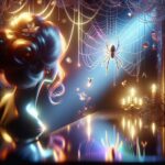 Une scène onirique avec une araignée suspendue dans une toile délicate, baignée d'une lumière douce et de reflets colorés, créant une ambiance féérique.