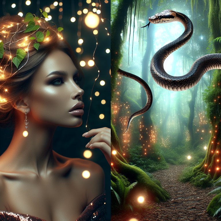 Un serpent géant se faufile dans une forêt enchantée, illuminée par des lumières étincelantes. Une scène mystérieuse et captivante.