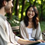 Une femme souriante discute avec son thérapeute dans un parc paisible.