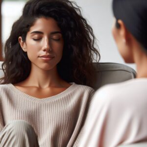Une femme se détend dans un fauteuil, parlant à son thérapeute avec sérénité.