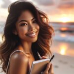 Une femme heureuse contemple le coucher de soleil sur la plage, prête à laisser sa plume raconter son histoire.