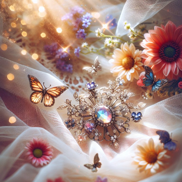 Broche étincelante sur tissu avec fleurs et papillons, ambiance féérique.