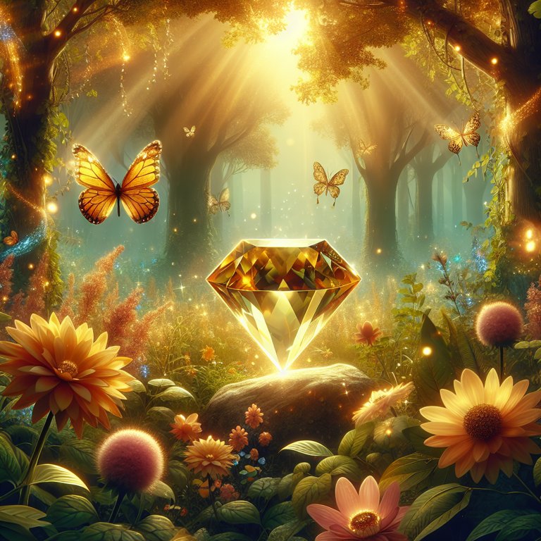 Une citrine étincelante au cœur d'une forêt enchantée, entourée de fleurs lumineuses et de papillons virevoltants.