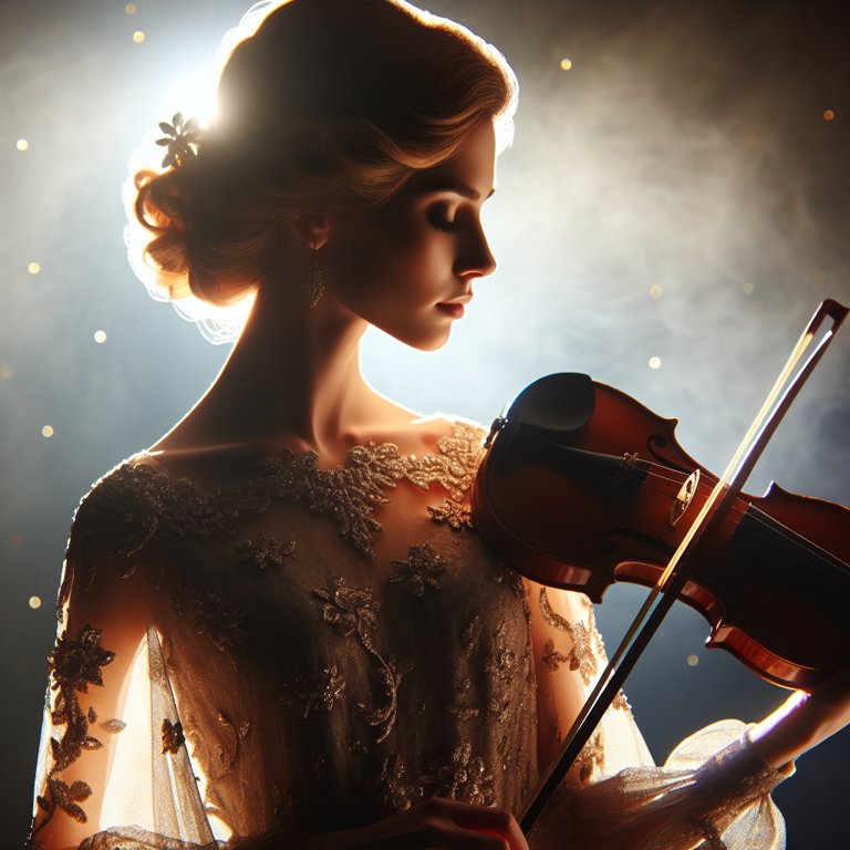 Femme blanche tenant un violon, plongée dans une ambiance féérique. Silhouette élégante et atmosphère enchanteresse.