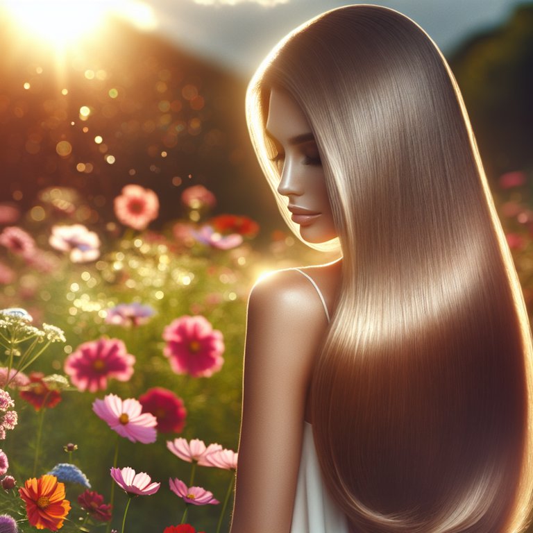 Femme aux cheveux longs dans un champ de fleurs, sous un ciel ensoleillé.