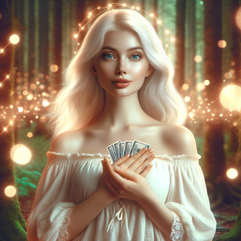 Femme blonde dans une forêt enchantée, entourée de lumières scintillantes. Ambiance féérique sans souci financier.