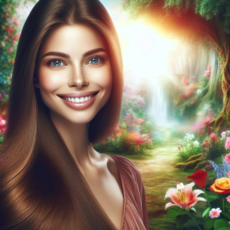 Femme souriante dans un paysage féérique, entourée de fleurs colorées et d'arbres majestueux.