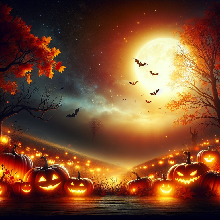 Plongez dans une nuit d'Halloween magique et mystérieuse, où la lune éclaire des citrouilles illuminées et des chauves-souris volent dans le ciel.