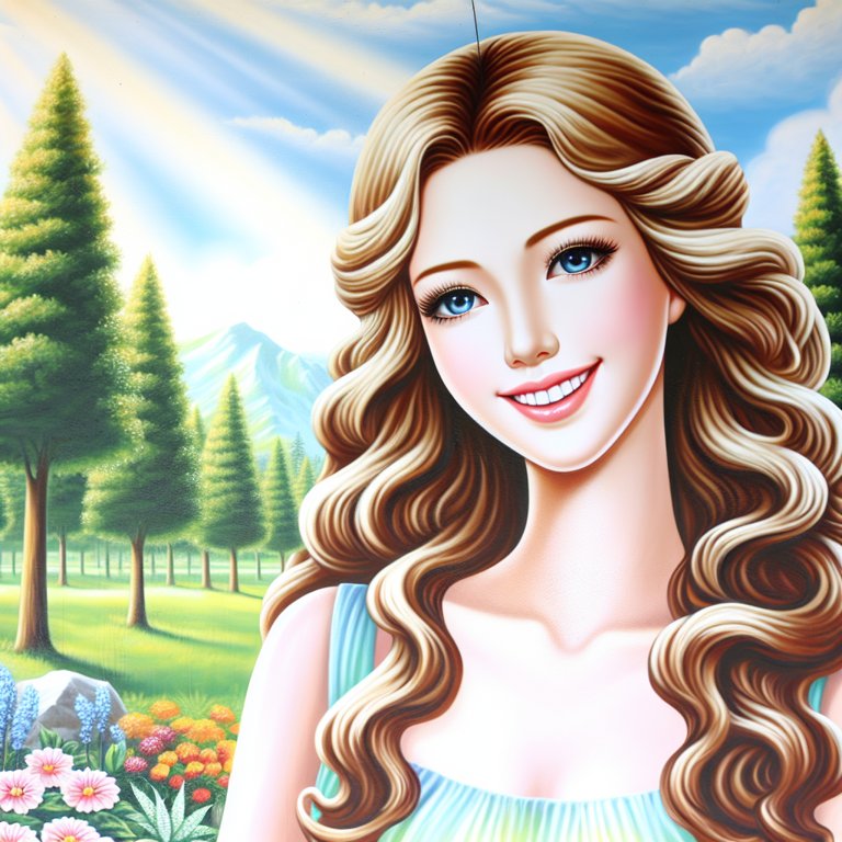 Femme blonde souriante dans la nature, entourée de fleurs et d'arbres.