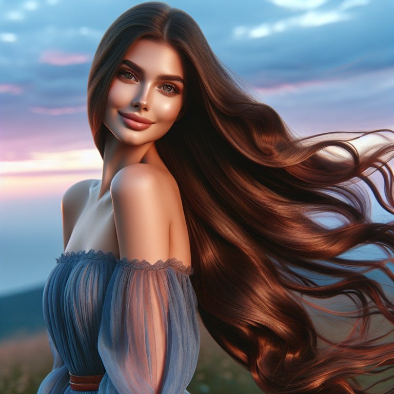 Femme aux cheveux longs sur une colline, sourire rêveur, ciel pastel.