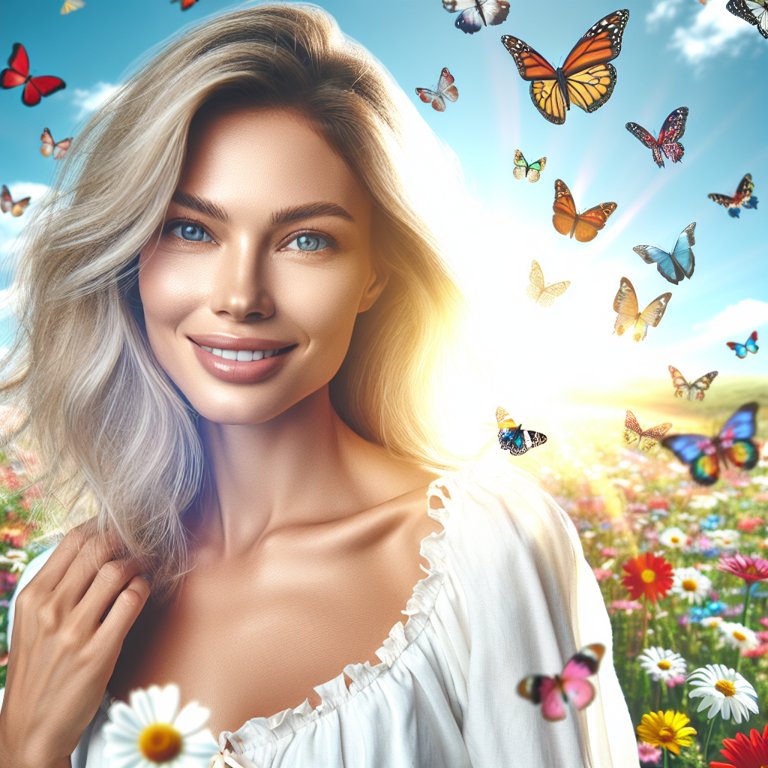 Femme blonde au milieu des fleurs, entourée de papillons, sous un ciel bleu éclatant.