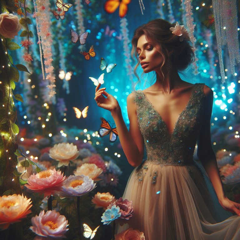 Femme européenne dans une forêt enchantée, entourée de fleurs lumineuses et de papillons colorés, dans une atmosphère magique.