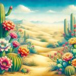 Paysage désertique avec cactus en fleurs, ambiance magique et féérique. Couleurs vives des fleurs contrastent avec le sable doré, ciel bleu clair.