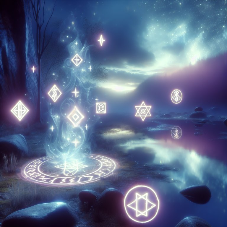 Runes mystérieuses éclairées par une lumière féérique, créant une ambiance magique.