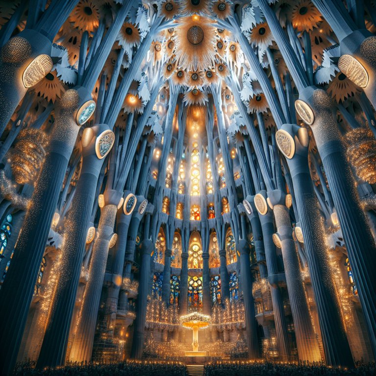 La Sagrada Familia brille de l'intérieur, mettant en valeur ses détails architecturaux et créant une ambiance féérique.