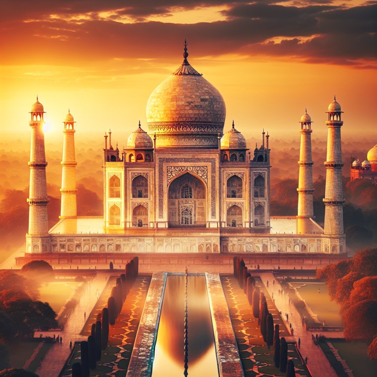 Le Taj Mahal rayonne au coucher du soleil, mettant en valeur son marbre blanc et ses jardins luxuriants.